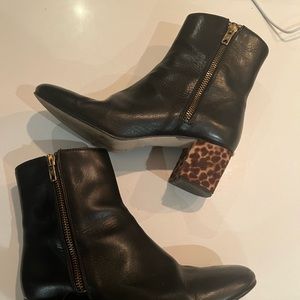 Jcrew black leather calf hair ankle booties boots 6.5